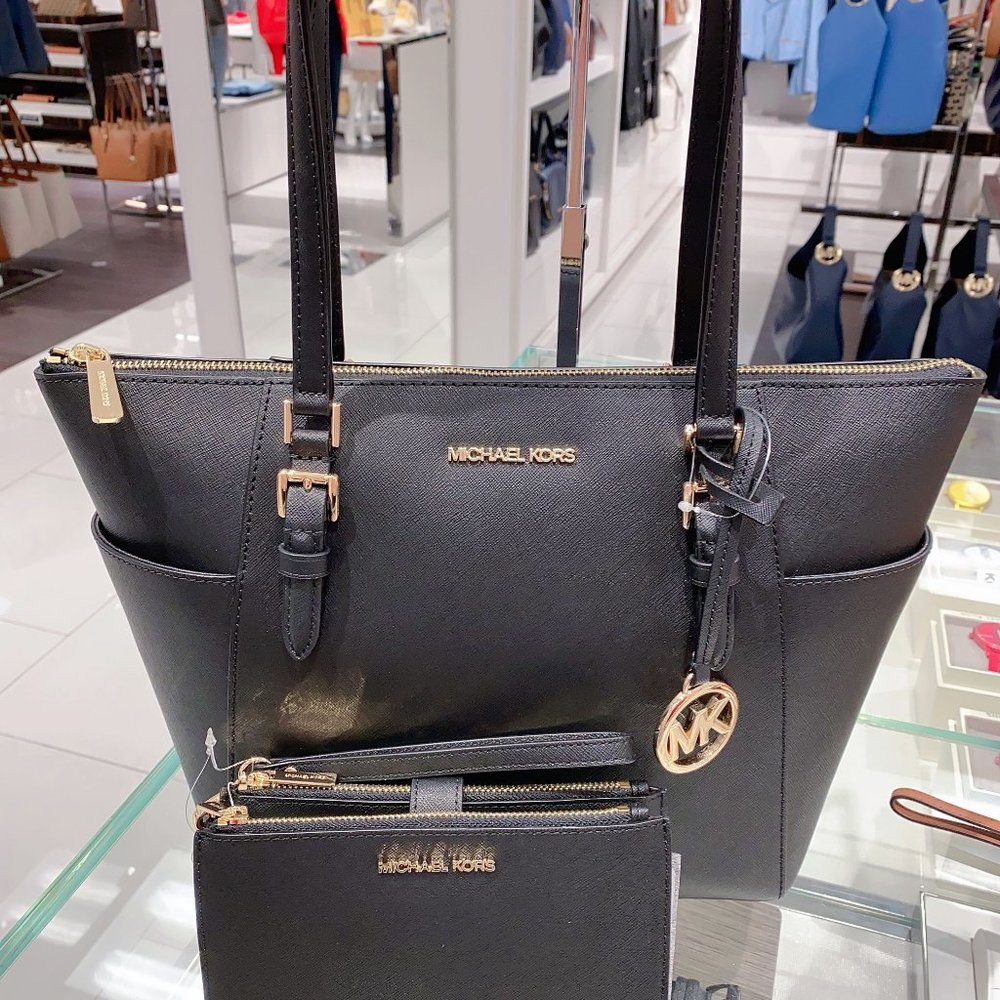 MK CHARLOTTE LG ZIP TOTE & DOUBLE ZIP WALLET BLACK